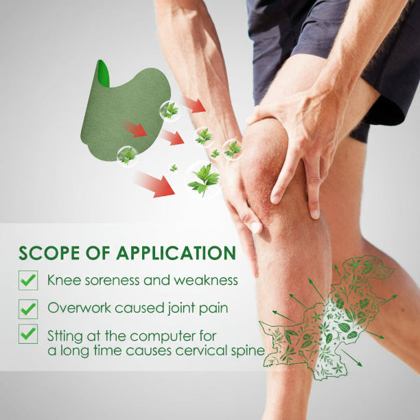 Person holding knee with scope of application for joint pain relief on a gray background