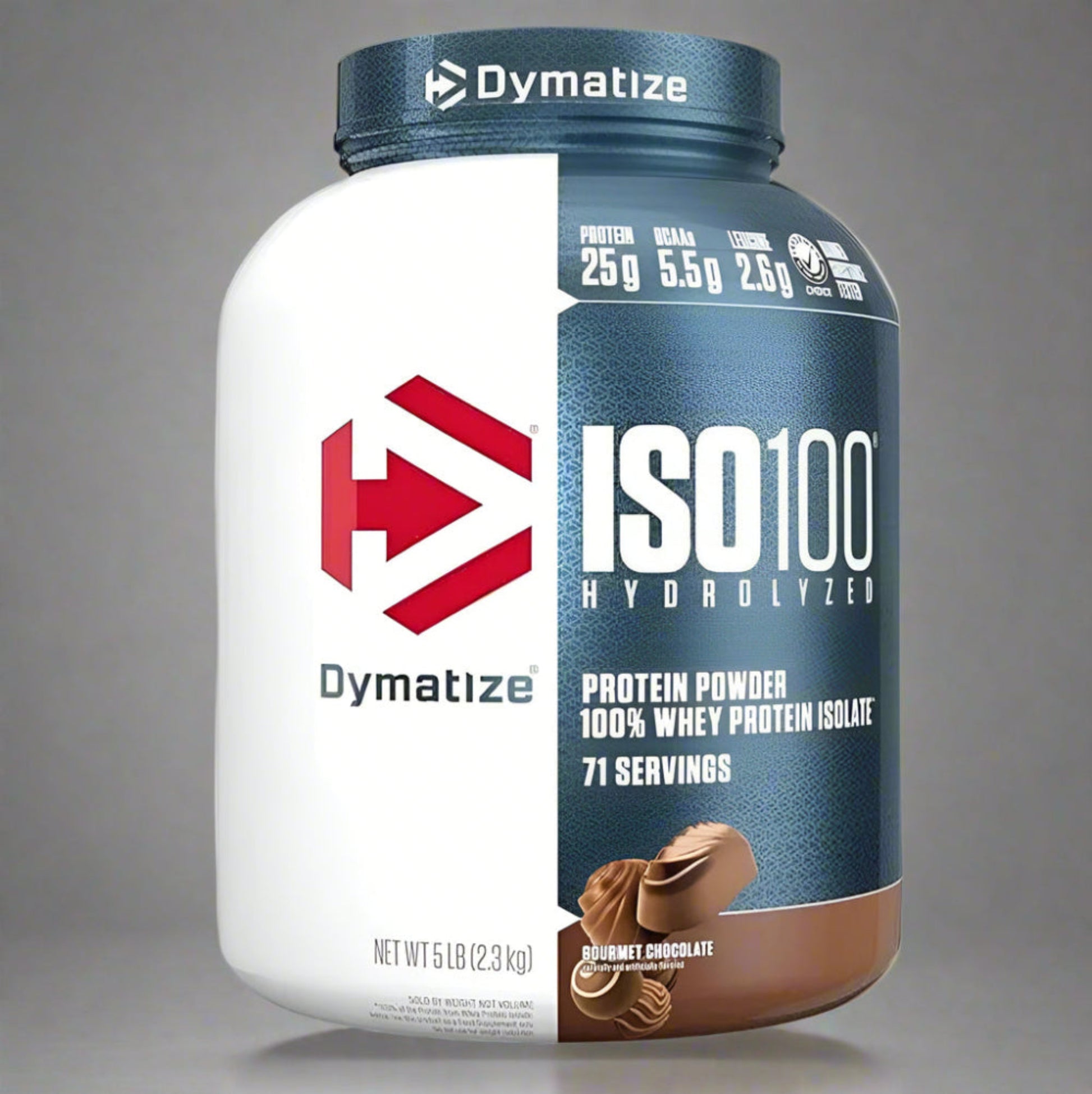 Dymatize ISO100 Hydrolyzed protein powder container on a gray background